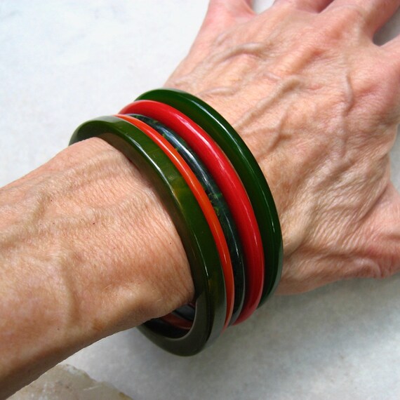 Vintage Bakelite Bracelets Spacer Stack Green Mar… - image 7