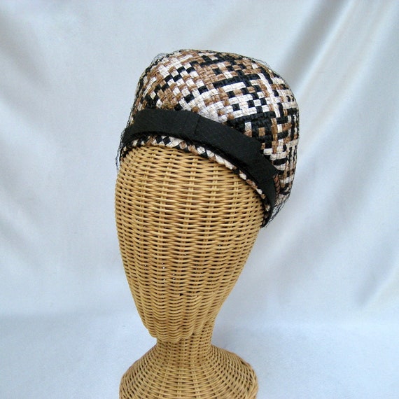 Vintage Ladies Straw Hat Brown Black White Netting - image 8