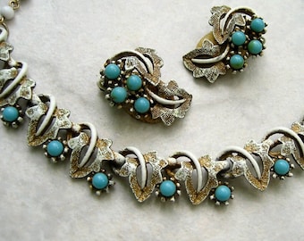 Vintage Signed ART Necklace Earrings Set White Enamel Leaves Faux Turquoise