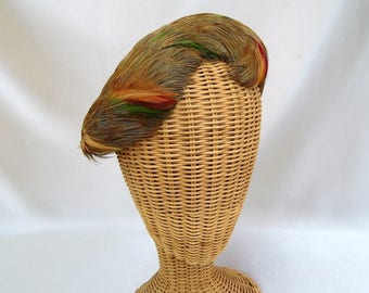 Vintage Ladies Hat Feather Casque Wool Felt Earth Tones Vincent de Koven