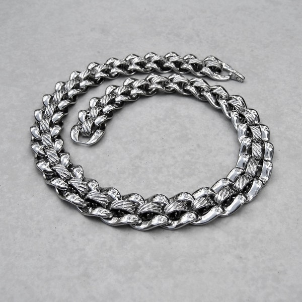 Vintage Signed Napier Necklace 1980s Heavy Silver Tone Chunky Textured Princess Length