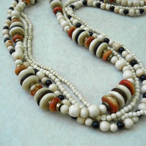 Vintage Les Bernard Necklace Bohemian Multi Strand Glass Wood Beads