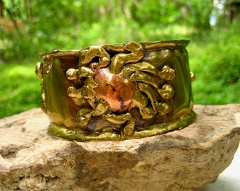 Vintage Brutalist Bracelet Brass Copper Sun Wide Bangle