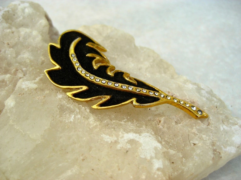 Vintage Henry a la Pensee Brooch Black Suede Crystal Leaf Made In France