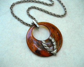 Vintage Faux Tortoiseshell Lucite Pendant Necklace Machine Age