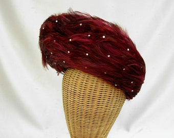 Vintage Jack McConnell Feather Hat Wine Red Cloche Crystals