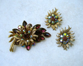 Vintage Selini Rhinestone Set Brooch Earrings Purple Navette AB Floral