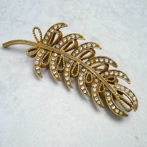 Vintage HAR Rhinestone Brooch Gold Tone Feather Bows image 1