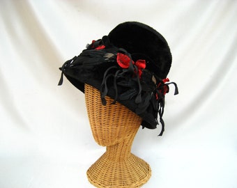 Vintage Ladies Hat Black Fur Felt Bucket Feathers Red Leaves