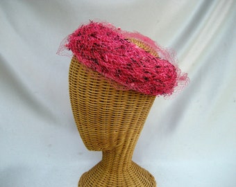 Vintage Ladies Halo Hat Pink Black Cellophane Straw Veiled