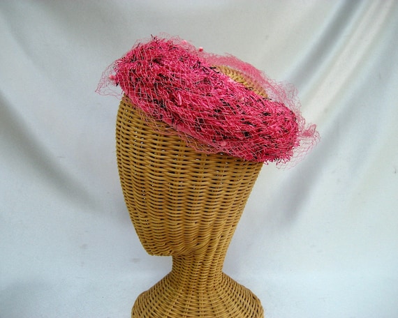Vintage Ladies Halo Hat Pink Black Cellophane Str… - image 1