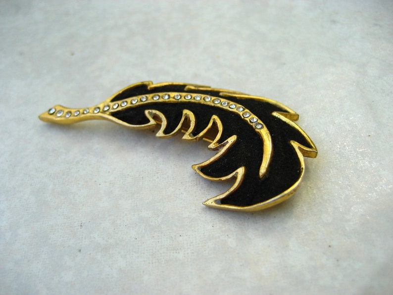 Vintage Henry a la Pensee Brooch Black Suede Crystal Leaf Made In France