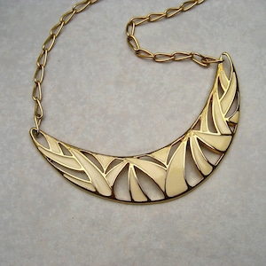 Vintage Signed Monet Bib Necklace Modernist Cream Enamel Gold Tone Open Cut 1980s