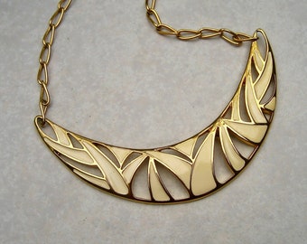 Vintage Signed Monet Bib Necklace Modernist Cream Enamel Gold Tone Open Cut 1980s