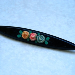 Vintage Celluloid Bar Pin Carved Roses C Clasp Hand Painted image 3