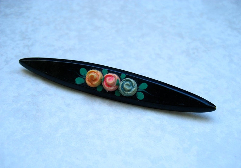 Vintage Celluloid Bar Pin Carved Roses C Clasp Hand Painted image 3