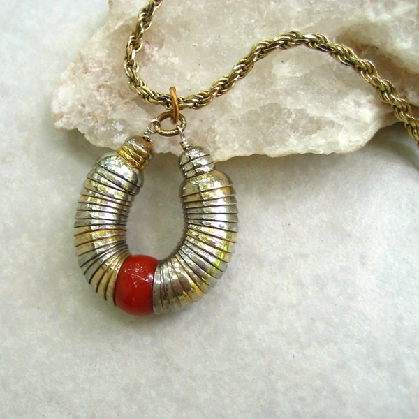 Vintage Vendome Pendant Slinky Gold Silver Discs Red Glass Bead Sterling Silver Chain