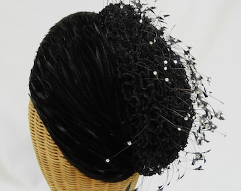 Vintage Jack McConnell Black Feather Hat Ruched Netting Crystals Styled By Red Feather