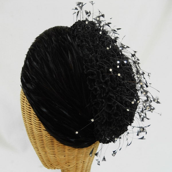 Vintage Jack McConnell Black Feather Hat Ruched Netting Crystals Styled By Red Feather