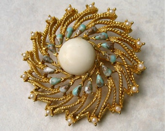 Vintage Sarah Coventry Brooch Faux Pearl Gold Tone Swirl Venetian Turquoise