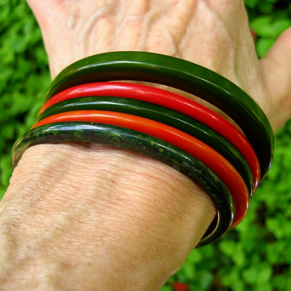 Vintage Bakelite Bracelets Spacer Stack Green Mar… - image 3