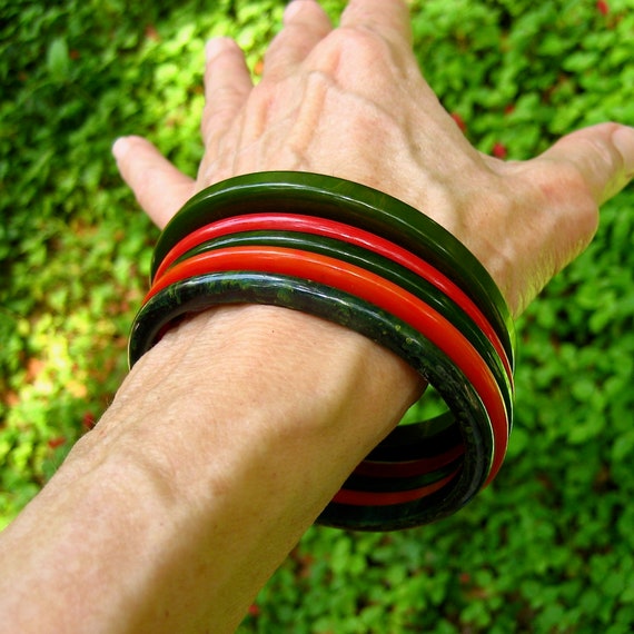 Vintage Bakelite Bracelets Spacer Stack Green Mar… - image 5