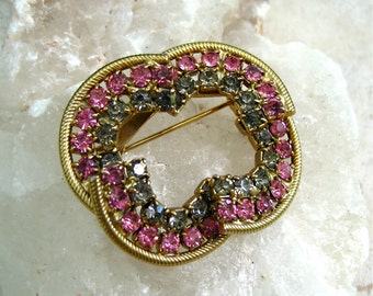 Vintage Rhinestone Brooch Pink Gray Geode Gold Tone Prong Set