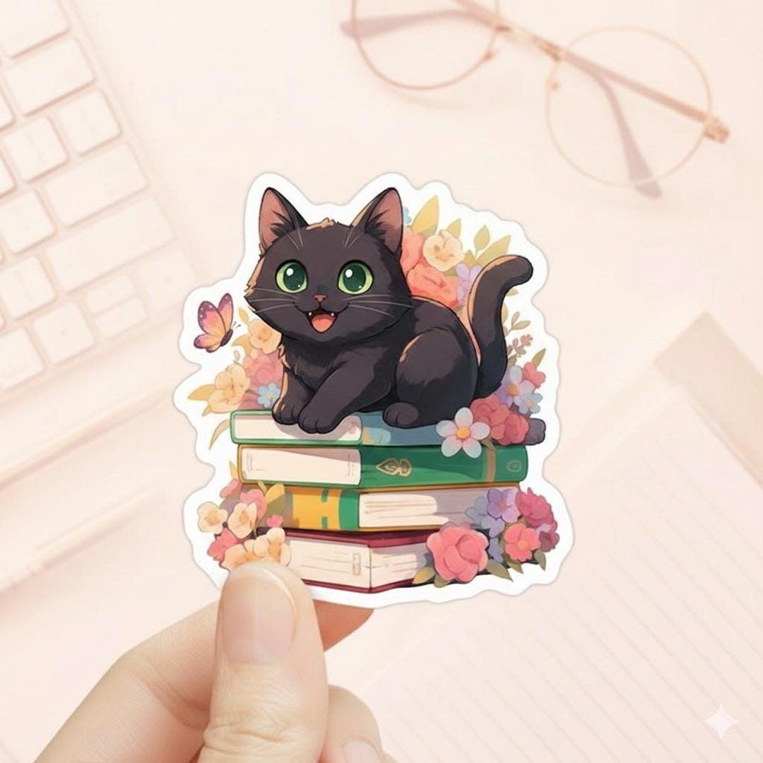 Black Cat Sleeping on Books Sticker, Floral Kindle Decal, Waterproof ...
