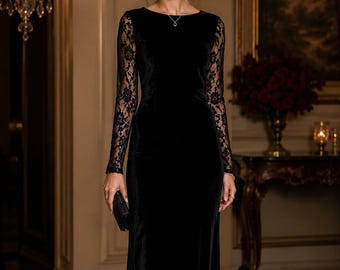 Vestido longo preto de veludo para mulheres, elegante vestido de noite com mangas de renda, vestido formal de manga comprida, vestido de festa de veludo, vestido para convidada de casamento.