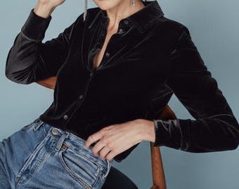 Black Velvet Button-Down Shirt: Vintage-Inspired Long Sleeve Top