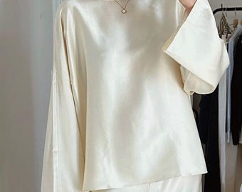 Women's Off-White Silk Blouse: Elegant Long Sleeves Office Shirt | Formal top | Minimalist Relaxed Fit | Classic top | women Luxury blouse