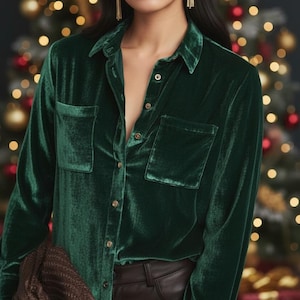 Velvet Button Down Top for Women | Velvet top Women | Emerald Green Velvet Shirt | Christmas Party Blouse | night out Blouse | Holiday Shirt