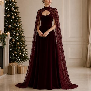 Burgundy Velvet Maxi Dress with Long Lace Cape | Elegant Christmas Evening Gown | Modest Formal Dress | Winter Wedding Guest Dress