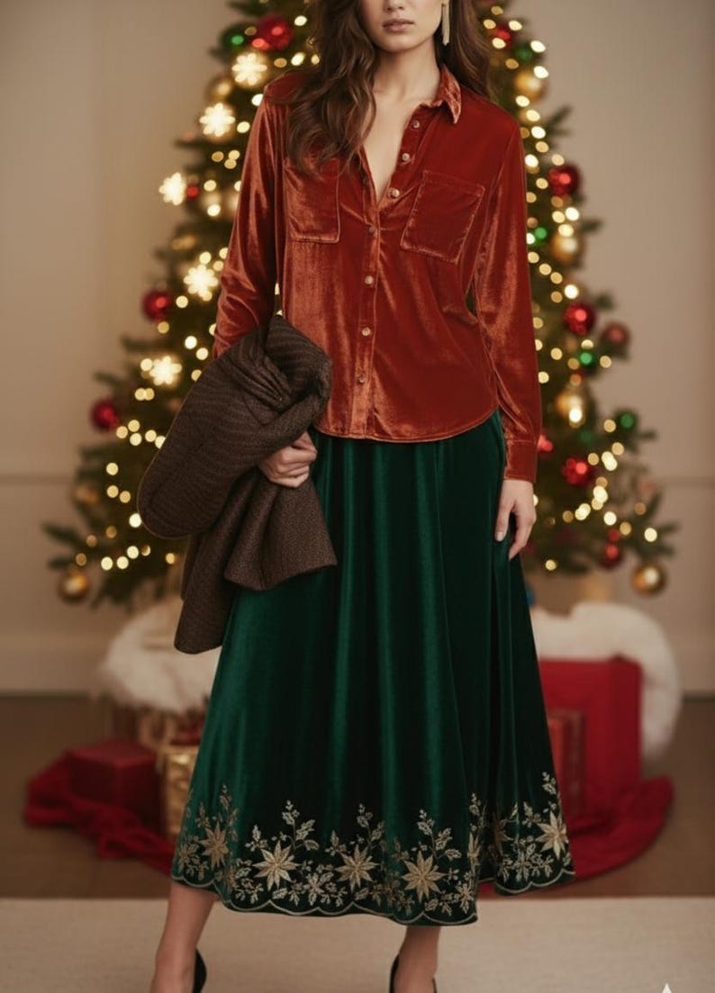 May include: A rust-coloured velvet button-down shirt with two chest pockets and a long-sleeved design. Paired with a long, emerald green velvet skirt with gold floral embroidery at the hem. A brown jacket is held in the arm.