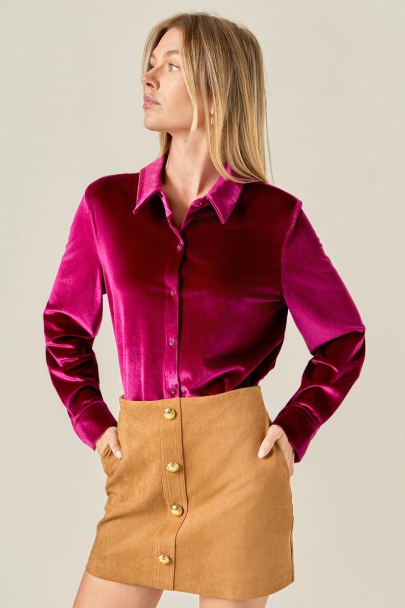 Rosa Samtbluse, Urlaub Party Top, Samt Top für Frauen, Formelles Hemd, Luxuriöse Samtbluse, Herbst Winter Warm, Geschenk für sie Bild 1