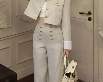 Conjunto feminino com blazer e calça pantalona: Blazer | Elegante conjunto de duas peças off-white para mulheres | Terno formal | Roupa de negócios | Conjunto casual