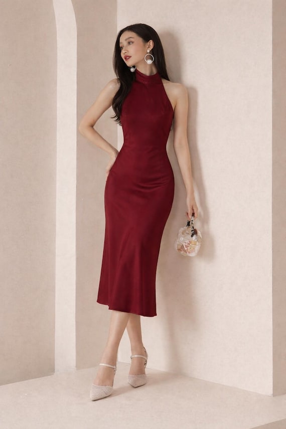 burgundy halter dress midi Burgundy Halter Manhattan Tie-back Midi Dress STYLED BY ALX COUTURE