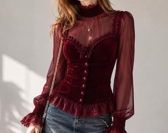 Luxury Burgundy Velvet Sheer Mesh Lace Blouse for Women | Victorian-Inspired High Neck Ruffle Top |Elegant Long Sleeve Party & Holiday Shirt