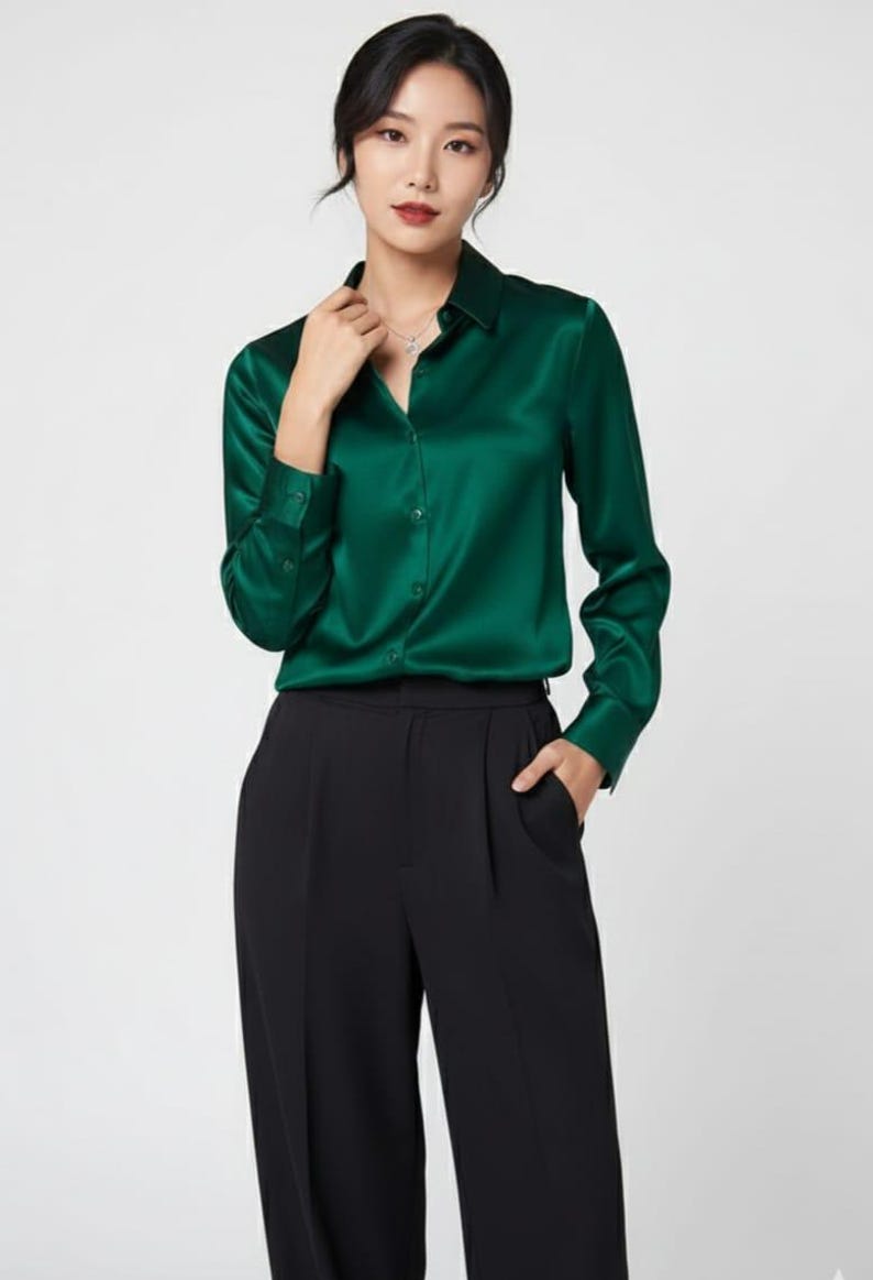 Woman in emerald satin blouse and black trousers