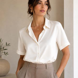 Off White Silk Button Down Shirt for Women, Half Sleeve Silk Blouse, Elegant Office Wear Top, Business Casual Shirt, Luxury Silk Blouse