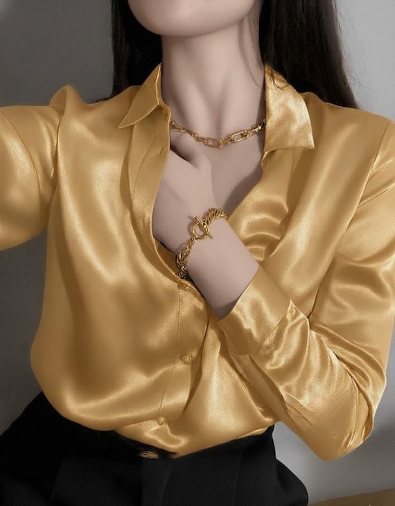 Light Gold Silk Shirt For Women | Elegant Long Sleeve Blouse | Silk Shirt | Formal Top | Classic Shirt | Office Wear | Blouse | Party Wear