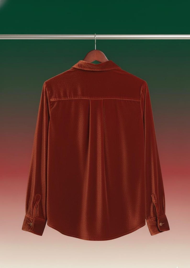 May include: A rust-coloured velvet shirt with long sleeves, a collared neckline, and buttoned cuffs. The back of the shirt features a vertical pleat detail. The shirt is hanging on a wooden hanger against a gradient background.