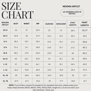 Pode incluir: Uma tabela de tamanhos de roupas femininas, com medidas em polegadas. A tabela inclui medidas de busto, cintura, quadril, mangas, ombros, comprimento do casaco e comprimento da cal&ccedil;a para os tamanhos XS-0 a XL-18. O texto "NEXORA ARTLET" est&aacute; no topo.
