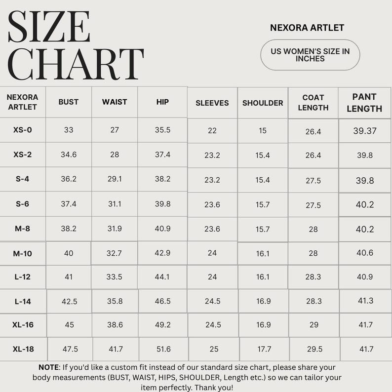 Pode incluir: Uma tabela de tamanhos de roupas femininas, com medidas em polegadas. A tabela inclui medidas de busto, cintura, quadril, mangas, ombros, comprimento do casaco e comprimento da cal&ccedil;a para os tamanhos XS-0 a XL-18. O texto "NEXORA ARTLET" est&aacute; no topo.