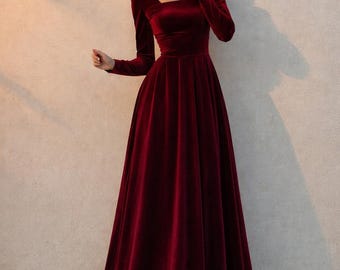 Abito lungo da damigella in velluto bordeaux: abito lungo in velluto a maniche lunghe / abito elegante a maniche lunghe / abito con scollo quadrato / abito da sposa in velluto