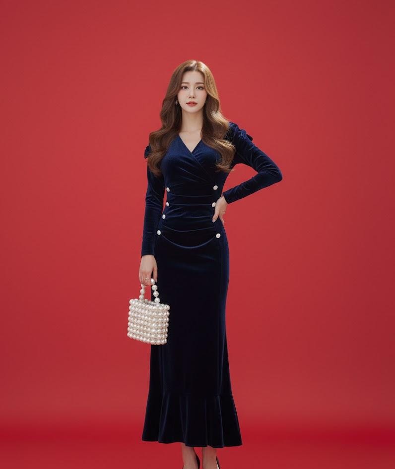 Elegant Navy Blue Velvet Long Dress