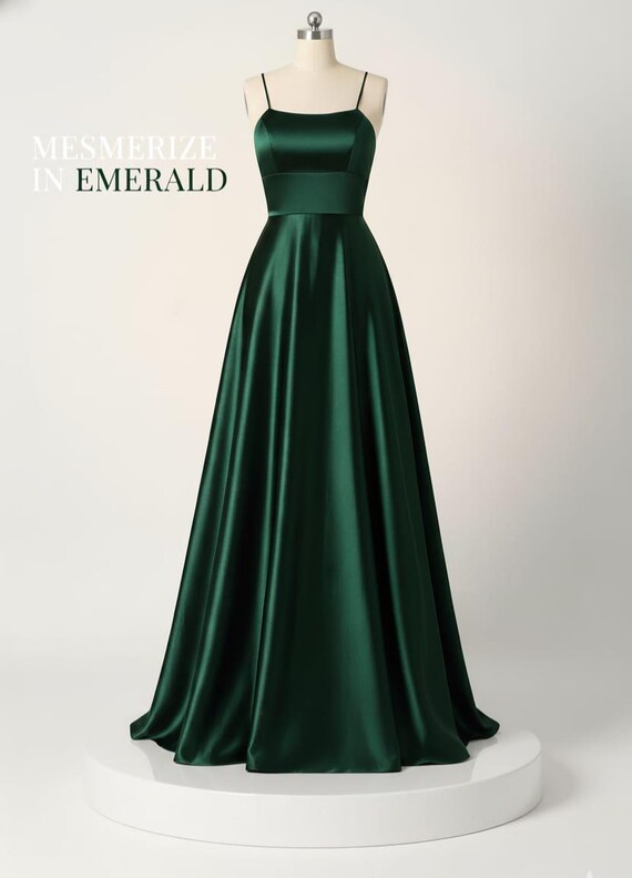 Emerald Green Silk Gown: A-line Spaghetti Strap Formal Dress, Party Dress,  Wedding Gown, New Year Dress, Christmas Dress, Evening Event Gown - Etsy