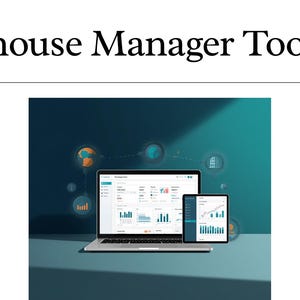 May include: A digital display featuring the text Warehouse Manager Toolkit, with a laptop and tablet showing data dashboards and charts. Floating icons of globes and buildings are connected by dotted lines against a dark teal background.