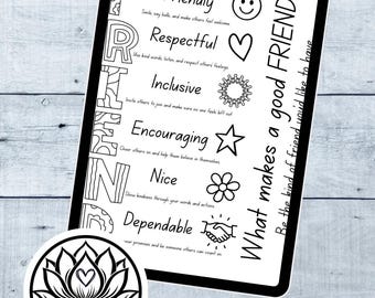 Puede incluir: Una impresión digital en blanco y negro con la palabra vertical FRIEND y rasgos descriptivos: Friendly, Respectful, Inclusive, Encouraging, Nice y Dependable. Incluye el texto What makes a good FRIEND y Be the kind of friend you'd like to have.