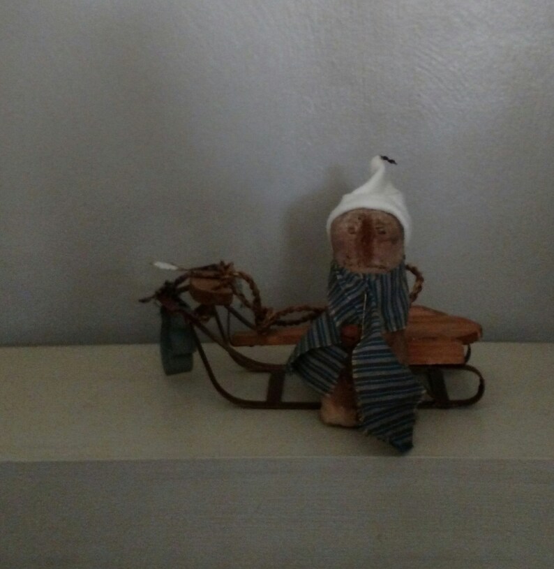 Primitive handmade 7 snowman stump doll andor 11 sled